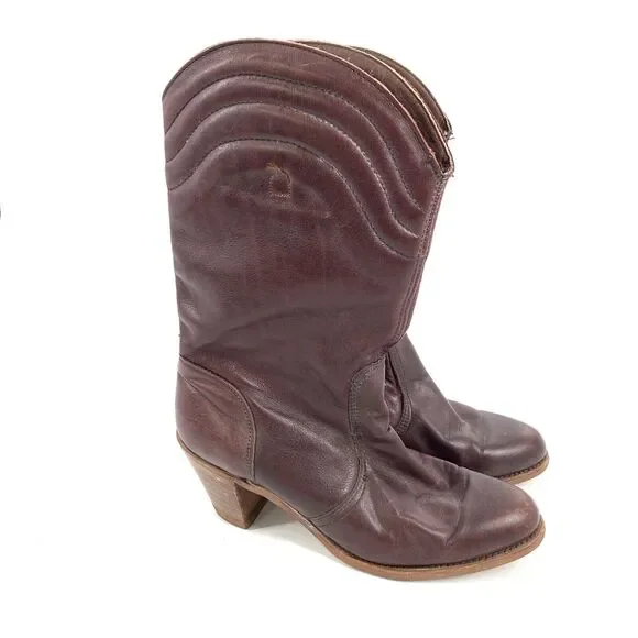 Vintage 1970s Dexter Leather Heeled Cowboy Boots 8.5 M Womens Dark Brown - Picture 1 of 9